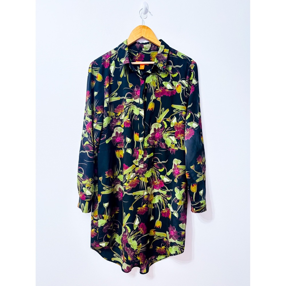JOE FRESH Black Green Floral Button Front High Low Shirt Dress Large